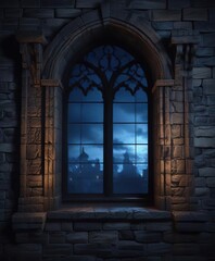 Castle windows aglow with eerie blue light on a dark and stormy night, eerie, castle, dark