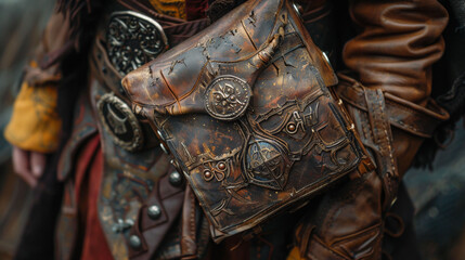 Handcrafted leather accessory with intricate designs and metal accents, showcasing vintage style. Perfect for cosplay or fantasy themed events