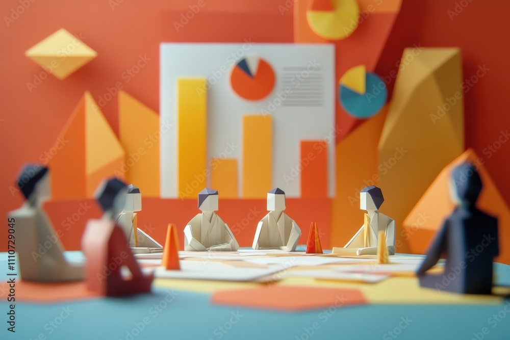 Poster creative paper craft business meeting with colorful geometric shapes and statistics charts on table,
