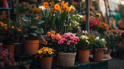 Fototapeta premium Street flower shop various colorful flowers and green plants in pots displayed for sale near flower market selective focus
