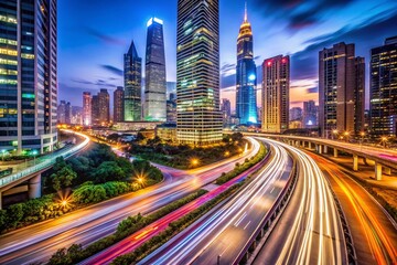 Fototapeta premium Long Exposure Capture of a Modern Cityscape Showcasing Urban Elements, Skyscrapers, Traffic Trails, and Vibrant Nightlife in a Dynamic, Lively Atmosphere