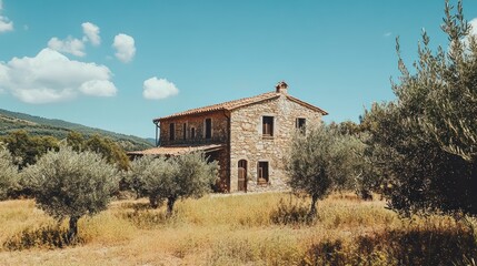 Rustic stone farmhouse nestled amidst olive trees under a clear blue sky.