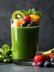 Artistic Giant Glass Filled With Vibrant Green Smoothie and Fruit