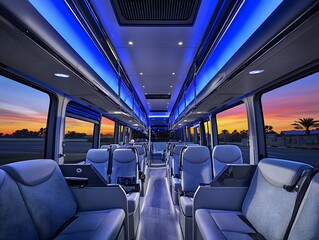 Spacious luxury bus interior with modern finishes and sleek seating. Soft lighting and clean lines for a comfortable and stylish travel experience.