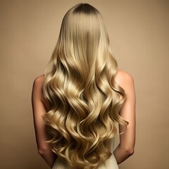 Fototapeta premium Silky, long blonde hair flows in graceful waves, highlighting a sense of luxury and femininity, set against a soft, neutral backdrop that enhances its shine and allure