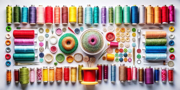 Long Exposure Knolling of Colorful Sewing Supplies on a White Background, Showcasing Threads, Needles, Scissors, and Fabrics in a Creative Arrangement for Craft Enthusiasts