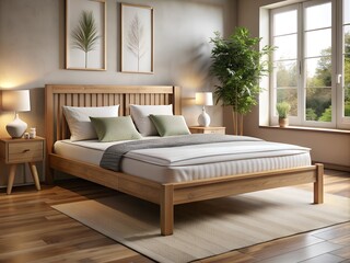 This inviting bedroom features a stylish wooden bed adorned with plush bedding, two modern lamps, and soothing greenery under a bright window, creating a peaceful atmosphere