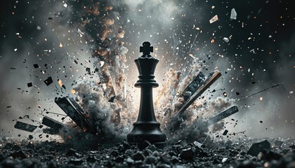 Black chess king piece surrounded by an explosive cloud of smoke, debris, and shattered fragments. Dynamic conceptual imagery representing strategy, conflict, and power in a dramatic setting.