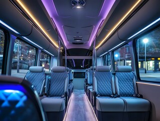 Spacious luxury bus interior with modern finishes and sleek seating. Soft lighting and clean lines for a comfortable and stylish travel experience.