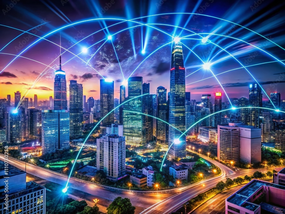 Poster long exposure of digital cityscape illustrating cyber attacks and emerging technology threats, highl