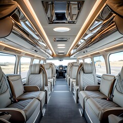 Spacious luxury bus interior with modern design and refined materials. Sleek finishes and comfortable seating for a high-end travel experience.