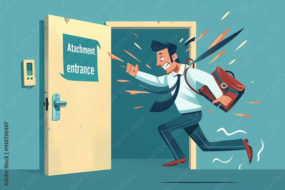Poster a man is running out of a building with a sign that says 