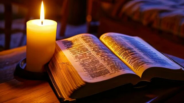 Serene Candlelight Illuminates Open Book: Spiritual Reading Ambiance Video Footage