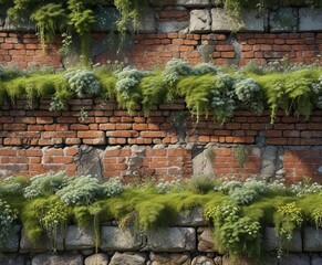 Old brick wall with moss and lichen growing on it, decay, wild, neglect