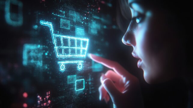 Glowing shopping cart hologram digital sale promotion poster design for holiday shopping season.