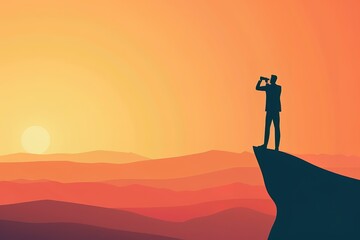 A man is standing on a mountain top, looking out at the horizon