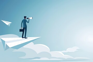 A man is standing on a paper airplane with a microphone in his hand