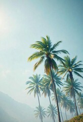 Fototapeta premium Palm trees sway violently in strong gusts of wind, windy palm trees, tropical trees in wind, forest storm