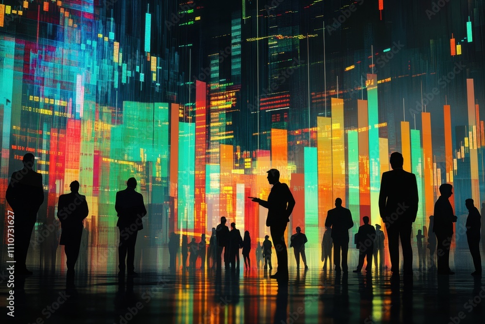 Poster abstract representation of business professionals engaging with vibrant digital data visualizations 