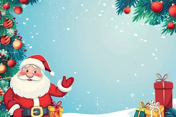 A blue background with a Christmas tree and a red present