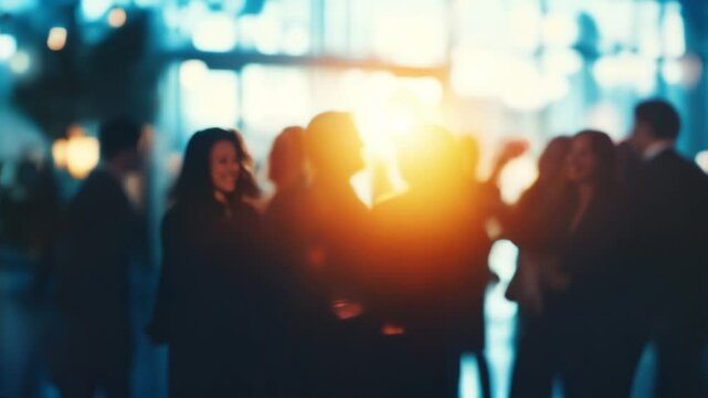 People engaging in conversation in a bright, modern urban environment during an evening event