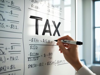A hand writing 'Tax' on a whiteboard filled with financial formulas, office setting with natural light, close-up, focus on the word 'Tax' and marker details.