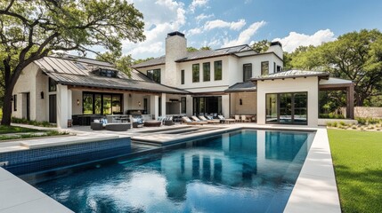 Fototapeta premium Modern luxury home with a large pool and outdoor seating