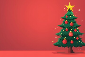 A Christmas tree with a star on top is displayed on a red background