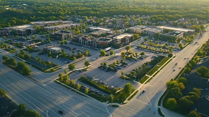 Aerial view of suburban shopping center at sunset.