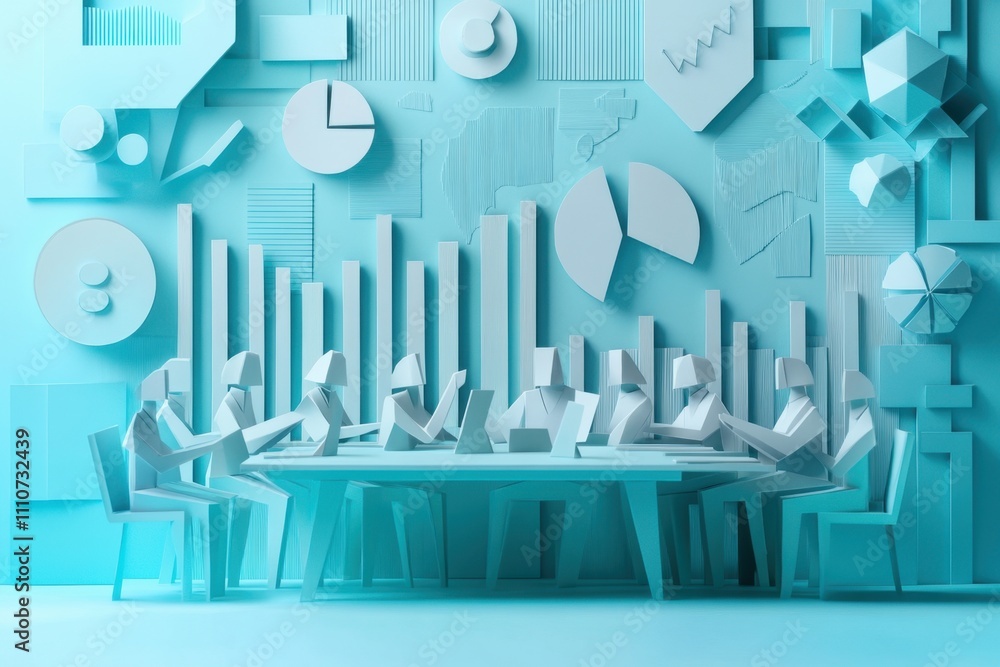 Poster collaborative workspace with abstract graphics in shades of blue featuring business professionals en