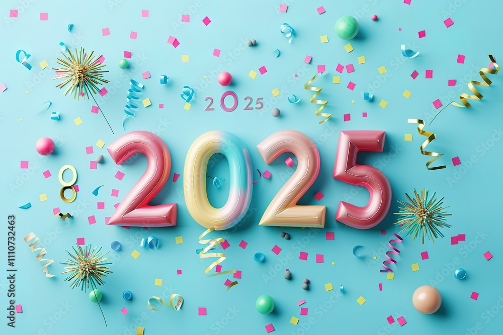 Poster a colorful confetti background with the number twenty-five written in balloons