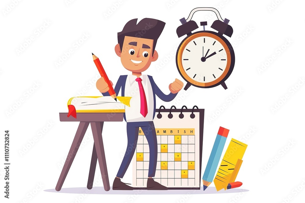 Poster a man is writing in a book with a clock in the background
