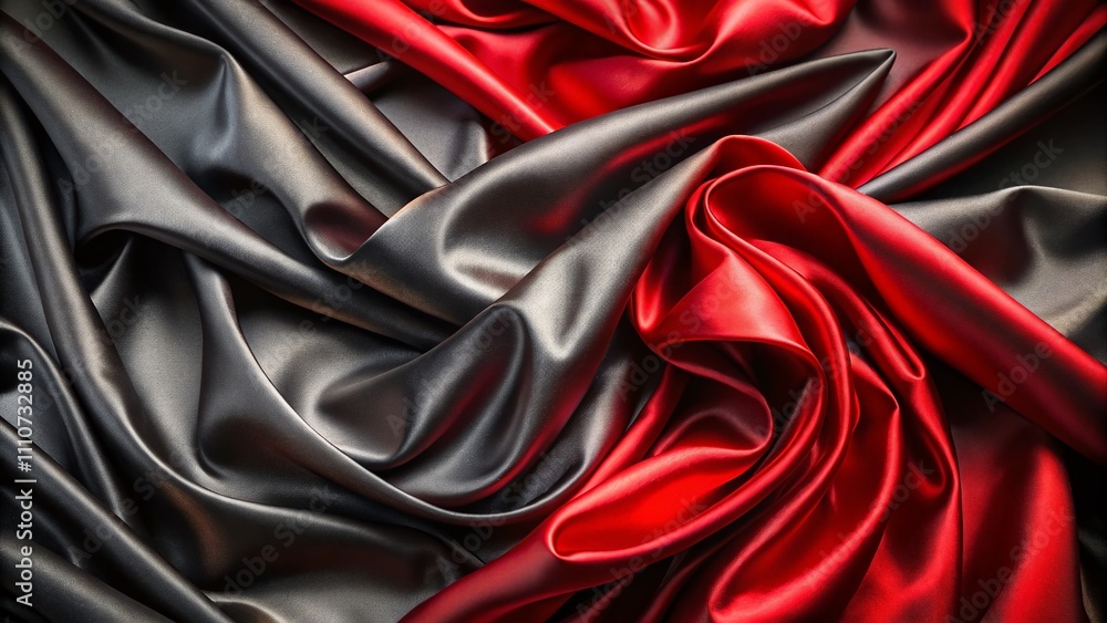 Poster luxurious black and red satin fabric texture - abstract silk cloth background with shiny patterns an