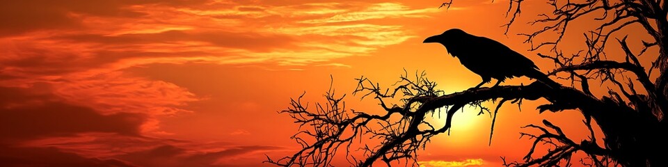 Raven perched on the branches of a dead tree under a vivid orange sunset, stark contrast against dark silhouette
