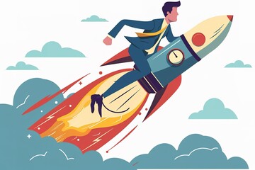 A man in a suit is running and flying a rocket