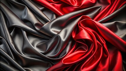 Obraz premium Luxurious Black and Red Satin Fabric Texture - Abstract Silk Cloth Background with Shiny Patterns and Soft Waves in a Panoramic View for Elegant Interior Design Inspiration