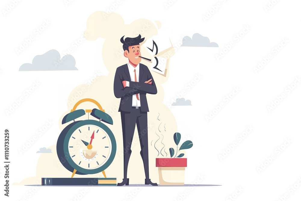Poster a man in a suit stands in front of a clock with the hands on the number 3 and 9