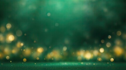 Abstract blur bokeh banner background. Gold bokeh on defocused emerald green background