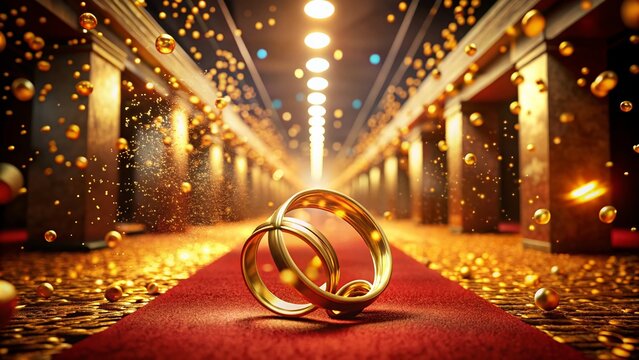 Luxurious Corridor with Gold Rings and Red Carpet Surrounded by Falling Gold Confetti in a 4K Animated Loop, Perfect for Celebratory Themes or Event Promotions