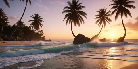 Seaside beach at sunset with palm trees and waves crashing, golden hour, beach scene, film tone
