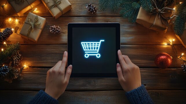 Glowing shopping cart hologram digital sale promotion poster design for holiday shopping season.