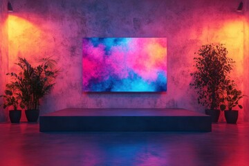 Neon Lights, Colorful Abstract Art in a Grungy Room with Plants on a Platform