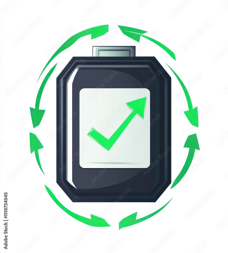 Poster here's a and keyword list for your image.. eco-friendly battery with recycling symbol and upward arr
