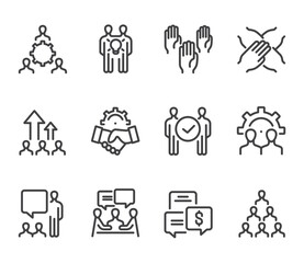 Business people boss employee team working together. Business success teamwork concept. Flat lined thin isolated icon set