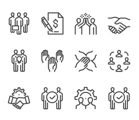 Fototapeta premium Business people boss employee team working together. Business success teamwork concept. Flat lined thin isolated icon set