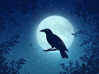 Raven silhouette against full moon in deep night sky, surrounded by faint stars and dark blue hues of twilight