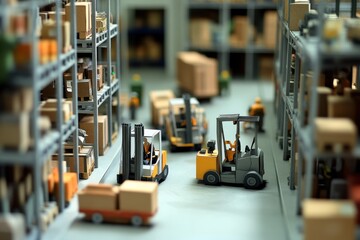 Miniature Scene of Forklifts Operating in a Warehouse with Shelving Filled with Cardboard Boxes and Workers in an Organized Storage Environment