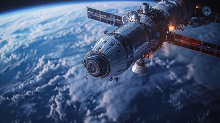 Close up of spacecraft docking at International Space Station, showcasing intricate details and beauty of Earth in background