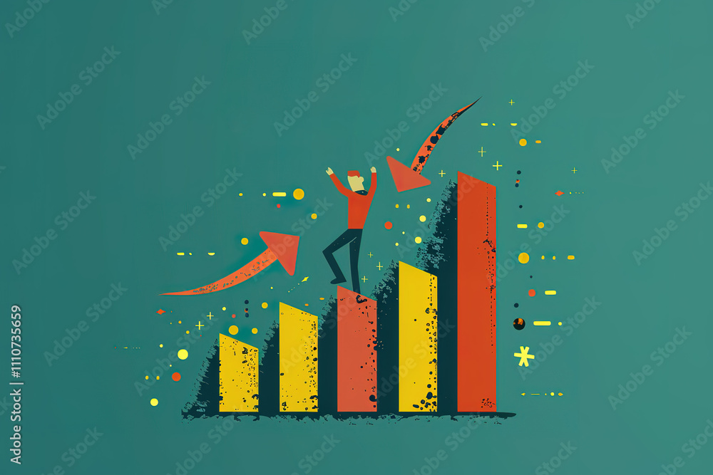 Poster a man is jumping up and down on a graph with a downward arrow
