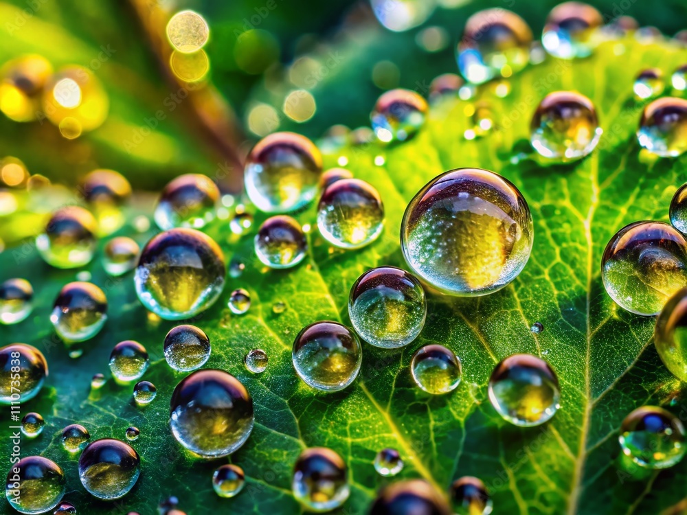 Poster macro photography of distorted light through water droplets on leaves, capturing the unique patterns